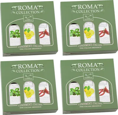 Produktbild von Food-United DRESSING-OLIVENÖL Fläschchen Geschenkset 12x 100ml, ROMA COLLECTION, italienisches Olivenöl extra nativ kaltgepresst mit nur 0,8 % Säure, von TERRE FRANCESCANE, Basilikum Zitrone Chili