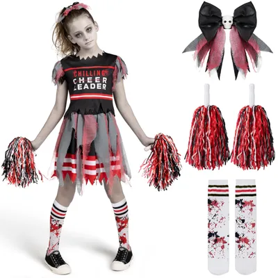 Zombie-Cheerleaderkostüm für Mädchen, schwarz-rot, XL (12-14 J.)