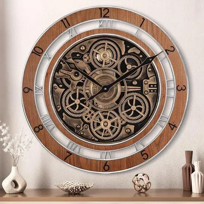 Produktbild von XXL Wanduhr Grosse Steampunk Uhr mit Arabischen und Römischen Ziffern, Hölzern, 53cm, Groß für Wohnzimmer, Küche, Bar