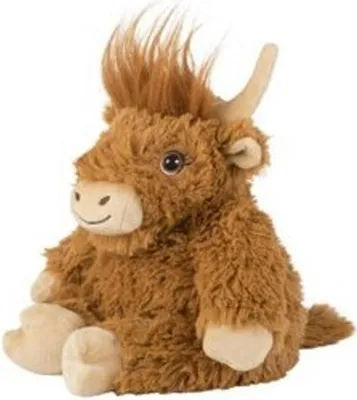 A plush toy highland cow sitting down.