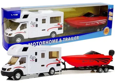 Produktbild von Leantoys Wohnmobil mit rotem Motorboot und Friktionsantrieb 1:48