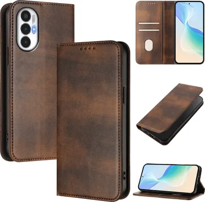 Produktbild von Handyhülle für Tecno Pova 3, Vintage Leder RFID Schutz Kartenfach Standfunktion Magnetische Klapphülle Braun