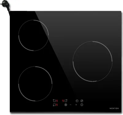 Imagen del producto de Placa de inducción de 3 zonas de cocción, de 60 cm, equipada con un enchufe de 60 cm, control táctil, temporizador de 1 a 90 minutos, 9 niveles de potencia, bloqueo para niños, cierre automático y función de detección de temperatura
