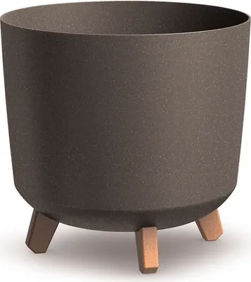 A brown speckled planter pot with three wooden legs.