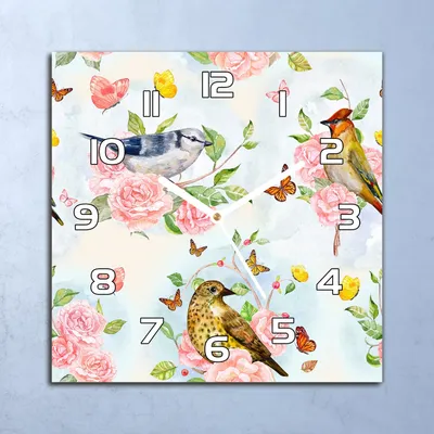 Produktbild von Deko Glasuhr Wanduhr 30x30 Vögel und Rosa Rosen Quarz Küchenuhr Bürouhr
