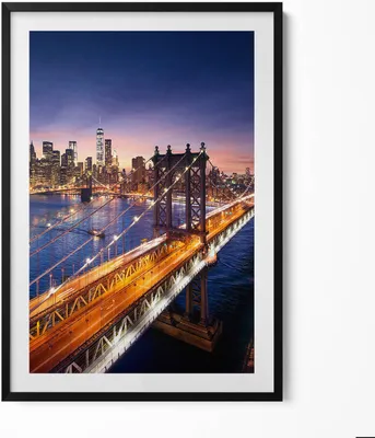 Produktbild von New York - Sonnenuntergang über Manhattan– Wandbild mit Rahmen – Gerahmtes Bild  – Wanddekoration – 70x100 cm –  Schwarz Rahmen