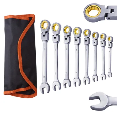 Produktbild von Ratschenschlüsselsatz 8-tlg. Flexkopf, Ringmaulschlüssel Cr-V-Stahl metrisch, 72-Zahn Ratsche mit Rolltasche | 8–17 mm | 5° Winkel | HRC 42