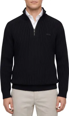 Produktbild von Boss Orange Pullover mit halbem Reißverschluss schwarz Wolle einfarbig