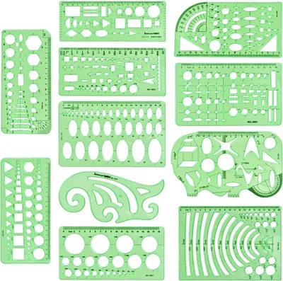Obrázek produktu pro 11 kusů šablon pro kreslení, pravítko, kruhová šablona pro architekturu, měřicí pravítko, geometrické šablony, měřicí šablony, sada pro kreslení, pravítka, měřicí šablony, nástroj pro školu a kancelář