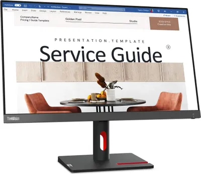 A computer monitor displaying a presentation template titled 'Service Guide'.