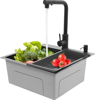 Immagine prodotto di Lavello da cucina, rubinetto estraibile, installazione versatile, nero