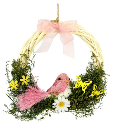 Produktbild von Blumenkranz mit Vogel und Schleife für Frühling und Ostern, 20x20x5 cm