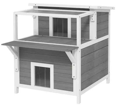 Zdjęcie produktu dla Dwupoziomowy domek dla kota z balkonem, przeznaczony do użytku wewnątrz i na zewnątrz | Kolor: szaro-biały | Wymiary: 87x64x76 cm
