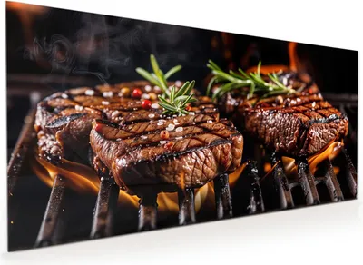 Produktbild von Küchenrückwand Spritzschutz Glas mit Motiv Gegrillte Steaks 40 x 40 cm