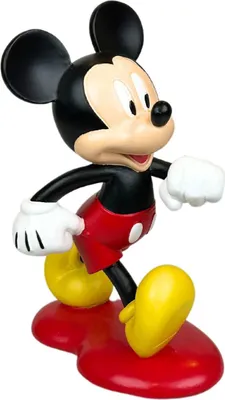 A full-body, studio shot of a Mickey Mouse figurine standing on a red base.
