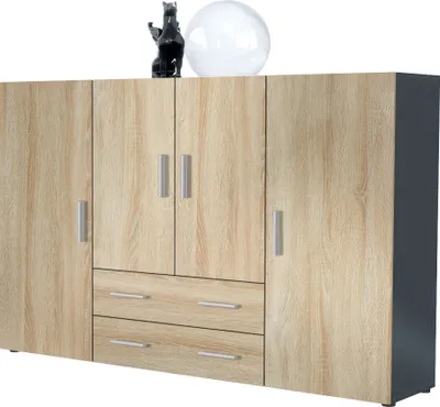Produktbild von Vladon Highboard Nora Anrichte mit 2 Schubladen und 4 Türen mit insgesamt 8 Fächer dahinter, Anthrazit matt/Eiche sägerau (166,5 x 106,5 x 35 cm)