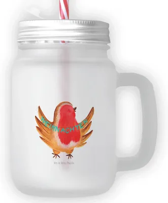 Produktbild von Mr. & Mrs. Panda Trinkgefäß Rotkehlchen Weihnachten - Transparent - Geschenk, Frohe, glas mit deckel, Und Strohhalm, Weihnachtsgruß, Winter, dessertglas, Becher