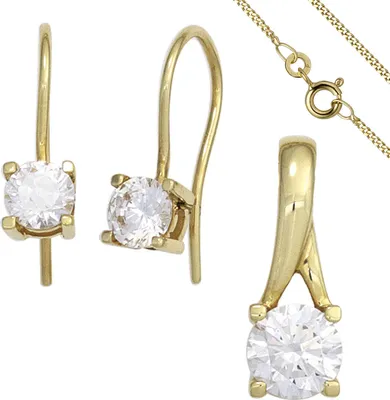 Produktbild von Solitär Schmuck-Set 333 Gold Gelbgold 3 Zirkonia Ohrringe Anhänger Kette 42cm