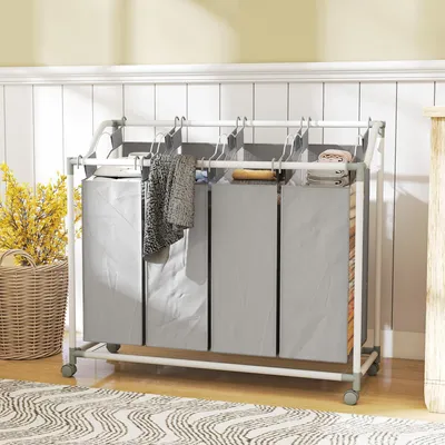 Produktbild von Sweiko Wäschekorb mit 4 Fächer 160 L Wäschesammler mit Rädern, herausnehmbarer Wäschesack, 97 x 38 x 81 cm, Grau