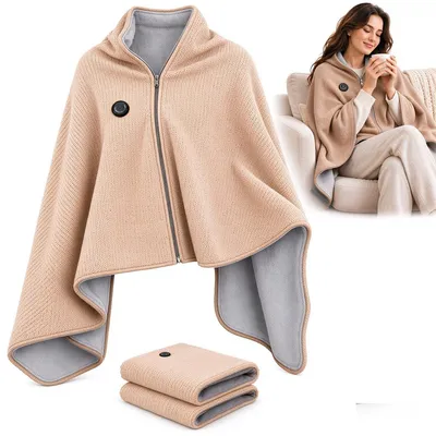 Produktbild von Heizdecke zum Umhängen 150 × 80 cm, USB-Heizcape mit Reißverschluss, 3 Heizstufen, weiches Fleecefutter, Beige