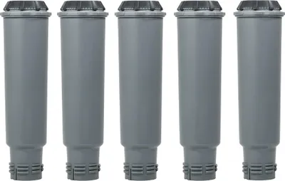 Five identical water filter cartridges are arranged in a row against a white background.