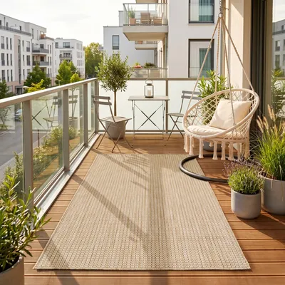 Produktbild von Homebyhome Outdoor Teppich Beige 60x100 cm Balkon Terrasse Garten Wetterfest UV-beständig Klein Einfarbig Flachgewebe Pflegeleicht Robust