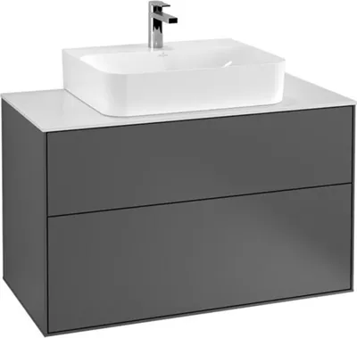 Produktbild von Villeroy & Boch Finion Waschtischunterschrank, 2 Auszüge, mit integrierter Beleuchtung, Waschbecken mittig, 1000x603x501mm, Glass Black Matt, G10200HJ