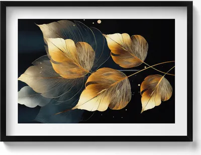 Produktbild von Goldene Glamour-Blätter– Wandbild mit Rahmen – Gerahmtes Bild  – Wanddekoration – 70x50 cm –  Schwarz Rahmen