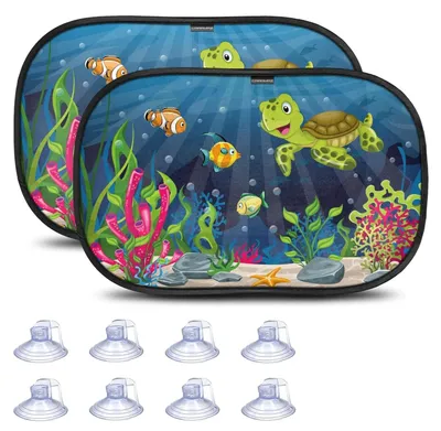 Image de Lot de 2 pare-soleil pour voiture pour bébés avec protection UV, pare-soleil pour vitre de voiture pour enfants de 53 x 33 cm avec 8 ventouses, adapté aux voitures particulières, motif : tortue verte