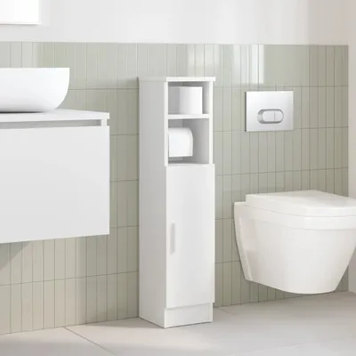 A modern bathroom setting with a toilet, vanity, and a tall storage cabinet.