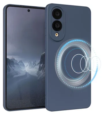 A dark blue silicone phone case with a magnetic ring is shown next to a smartphone displaying a mountain landscape.