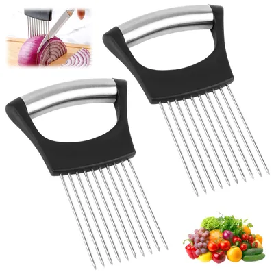 Produktbild von Edelstahl-Zwiebelschneider-Halter, Schneidehilfe für Fleisch, Zwiebeln, Kartoffeln, Tomaten
