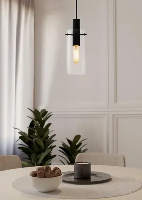 Produktbild von EGLO Pendelleuchte Montefino, 1 flammige Hängelampe, Hängeleuchte aus Metall in Schwarz und Glas in Klar, Esstischlampe, Wohnzimmerlampe mit E27