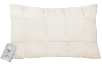 A white pillow with a small tag on the bottom left corner.