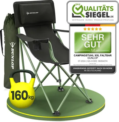 Produktbild von Dunlop Campingstuhl faltbar XXL - Luxus Camping Stuhl leicht mit weich gepolsterter Kopflehne I massiver Stahlrohr Klappstuhl 160kg belastbar I 2 Bequeme Armlehnen mit 2X Getränkehalter I Angelstuhl
