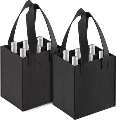 Productafbeelding van Unyqoos® Wijnflesentas voor 6 flessen, set van 2 – Gemaakt van wollen vilt met afneembare scheidingen en handgreep, grijs, 24 x 18 x 28 cm, multifunctioneel voor reizen en picknicks