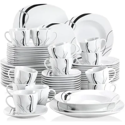 Immagine prodotto di Servizio di piatti in porcellana, 60 pezzi, per 4-12 persone, composto da piatti piani, piatti da dessert, piatti fondi, tazze e piattini