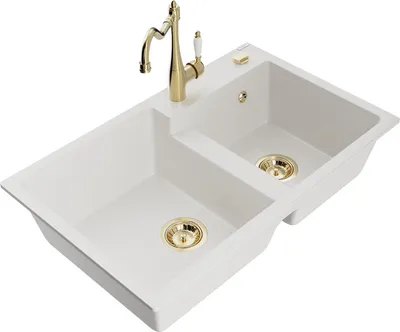 Produktbild von Mexen Tomas 2-Becken-Granitspüle mit Mischbatterie Carla, Weiß - 6516-20-670700-50