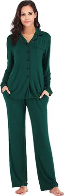 Produktbild von ASKSA Damen Pyjama Lang Weich Schlafanzug mit Knopfleiste Langarm Zweiteiliger Sleepwear Hausanzug, Grün, L