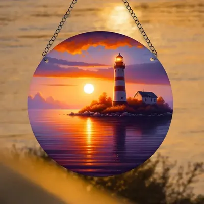 Produktbild von GKA Sonnenfänger Leuchtturm Sonnenuntergang 15 cm Buntglas Lichtfänger Fensterbild Fenster Fensterschmuck Fensterdeko