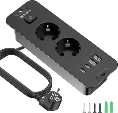Produktbild von Einbausteckdose mit USB – 2-fach Tischsteckdose mit USB – 4-in-1 Tischplatte – Einbausteckdosenleiste für das Büro
