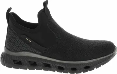 A black slip-on shoe with a textured upper and a chunky sole.