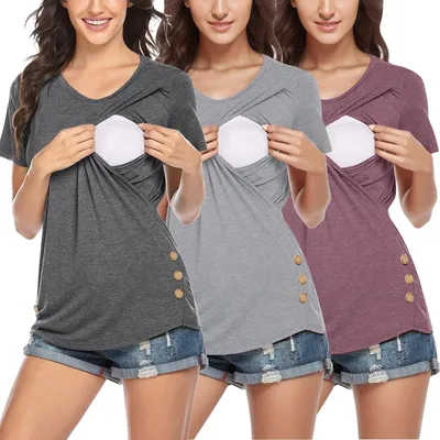 Productafbeelding van Dames Korte Mouwen Zwangerschapsblouse met Knopen, Set van 3