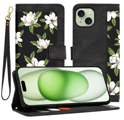 Produktbild von Techsuit FlipCraft Book Wallet Klapphülle mit Kabel für Apple iPhone 15 Plus - Flowers of the Dawn