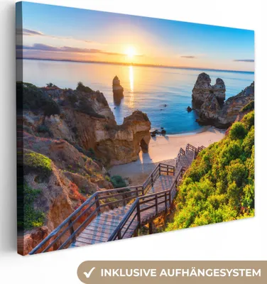 Produktbild von MuchoWow® - Leinwandbilder - Strand - Meer - Portugal, Wandbild, Wanddeko Bilder Wohnzimmer, 80x60 cm