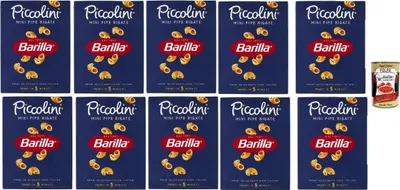Produktbild von Barilla Piccolini Mini Pipe Rigate – italienische Pasta, 5-Minuten Garzeit, 100% italienischer Hartweizen, al dente – 10er Vorratspack – familienfreundlich – + Italian Gourmet polpa