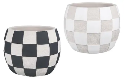 Produktbild von Gilde Übertopf, bauchig, "Chess", kariert, Zement, beige, grau, weiß, VE 6, 2 Stück wie abgebildet,, H. 13 cm, D. 16 cm 31922 /Abverkauf nur solange Vorrat reicht