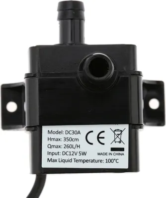 A close-up studio shot of a black water pump with a label showing specifications.