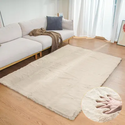 Productafbeelding van Pluizig tapijt, beige, 120x180 cm, kunstbont, geschikt voor woonkamer of slaapkamer, wasbaar, rechthoekig