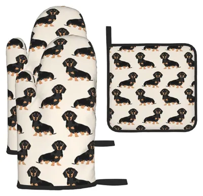 Productafbeelding van Ovenwanten en Pannenlappen met Teckelprint, 3 Stuks